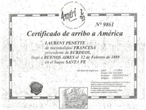 Certificat d'arrivée en Amérique le 12.02.1889 de Laurent Penette